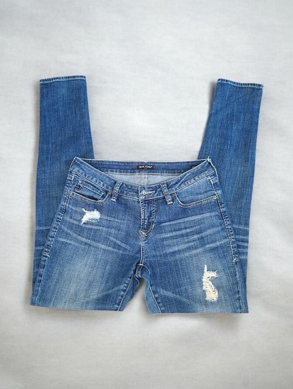 Dear John Women's Medium Wash Blue Distressed Skinny Slim Denim Jeans Size 27